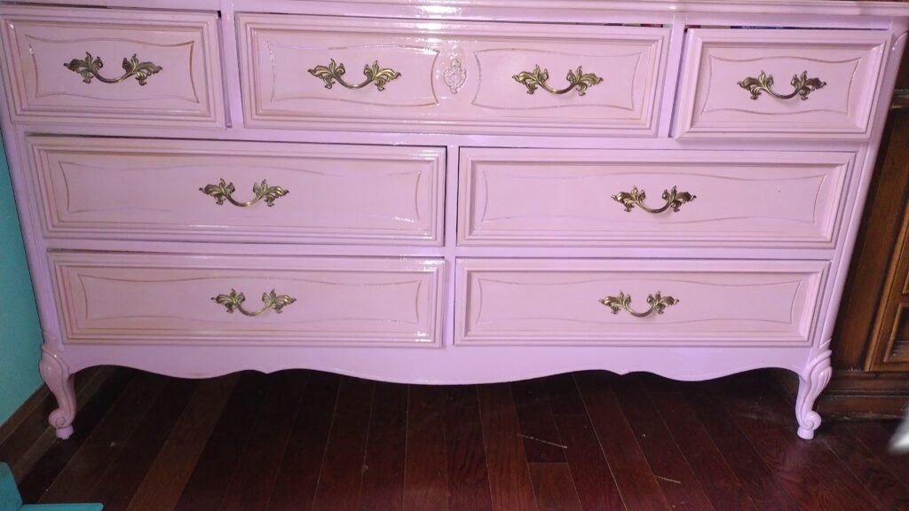 Purple Painted Dresser in the kitchen used as a coffee bar